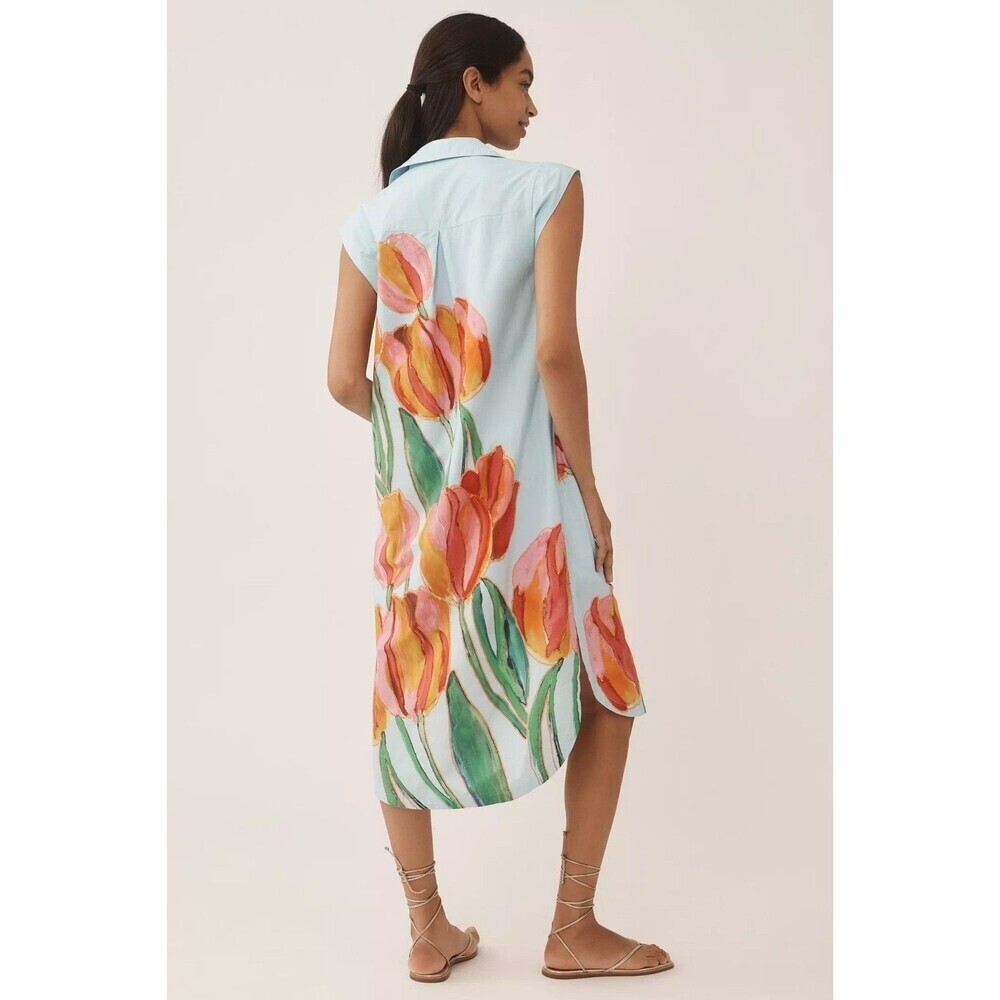 Anthropologie Maeve Womens Tulip Print Midi Dress Size XS Button Front Romantic - Picture 2 of 15